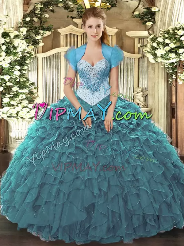 Clearance Teal Organza Lace Up Quinceanera Gown Sleeveless Floor Length Beading and Ruffles