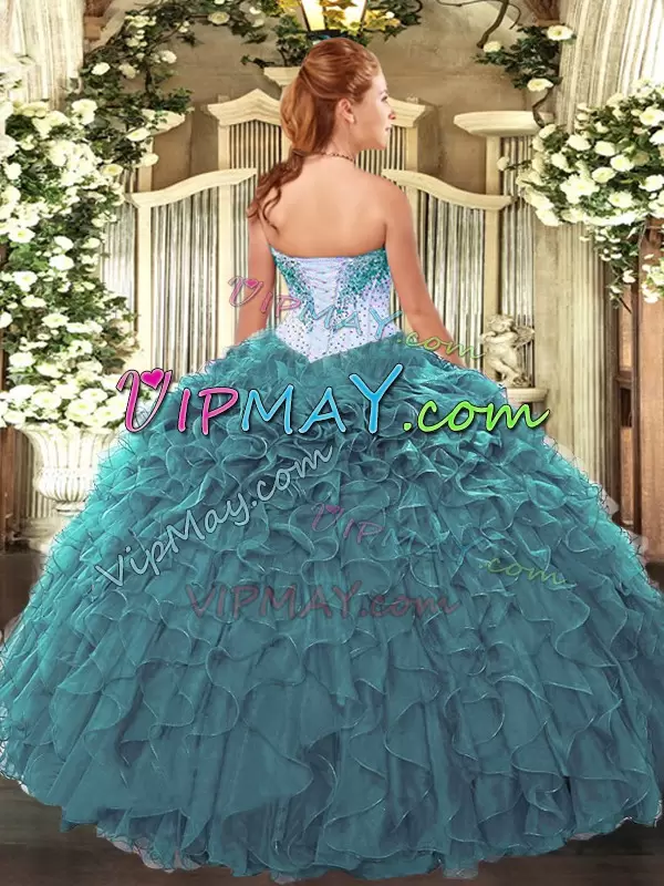 Clearance Teal Organza Lace Up Quinceanera Gown Sleeveless Floor Length Beading and Ruffles