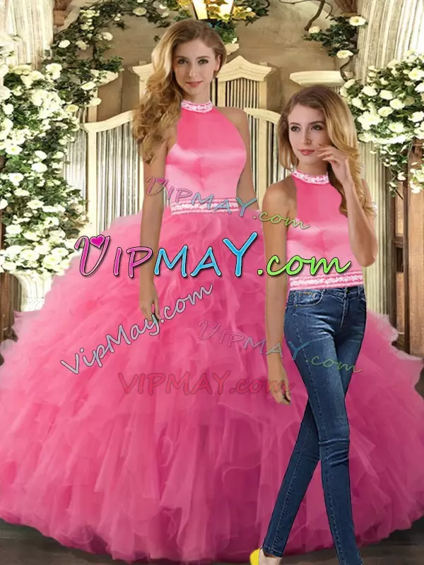 Super Hot Pink Backless Sweet 16 Dress Beading and Ruffles Sleeveless Floor Length