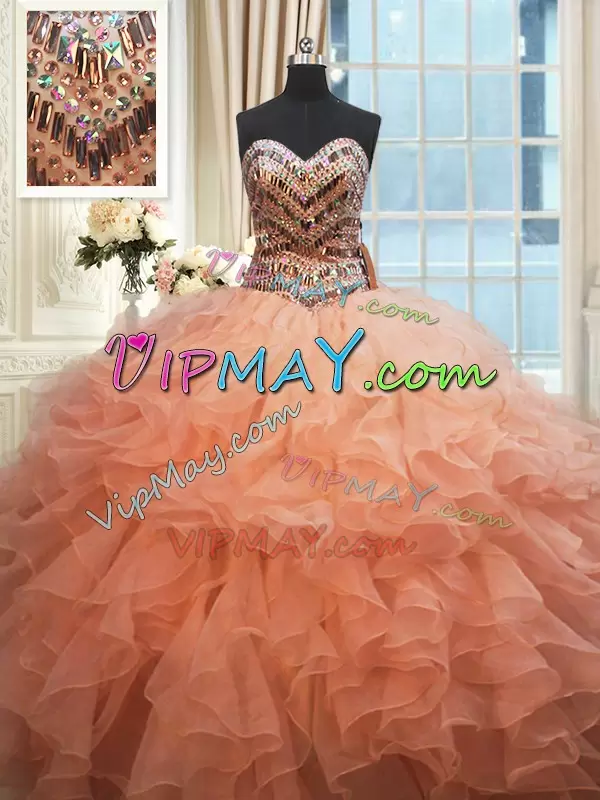 Inexpensive Orange and Peach Organza Lace Up Quince Ball Gowns Sleeveless Floor Length Beading and Ruffles