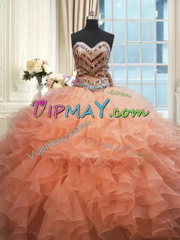 Inexpensive Orange and Peach Organza Lace Up Quince Ball Gowns Sleeveless Floor Length Beading and Ruffles