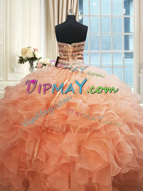 Inexpensive Orange and Peach Organza Lace Up Quince Ball Gowns Sleeveless Floor Length Beading and Ruffles