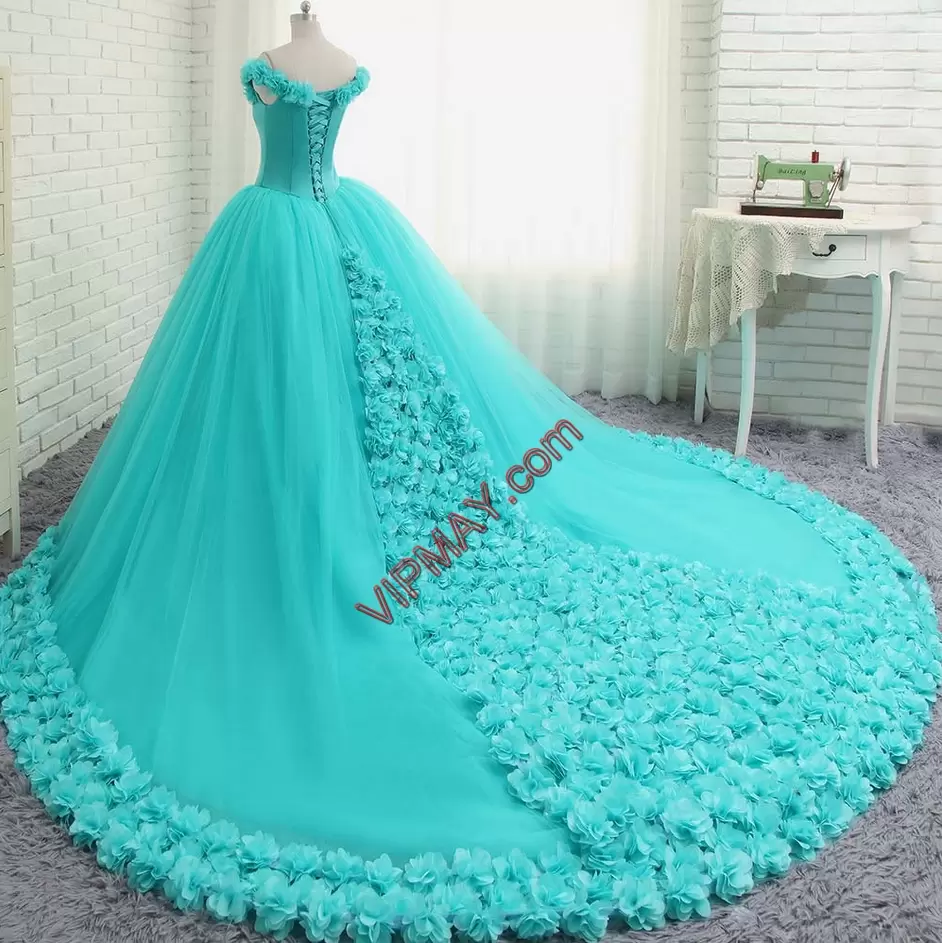 Fashionable Pink and Turquoise Lace Up 15th Birthday Dress Hand Made Flower Sleeveless With Train Court Train