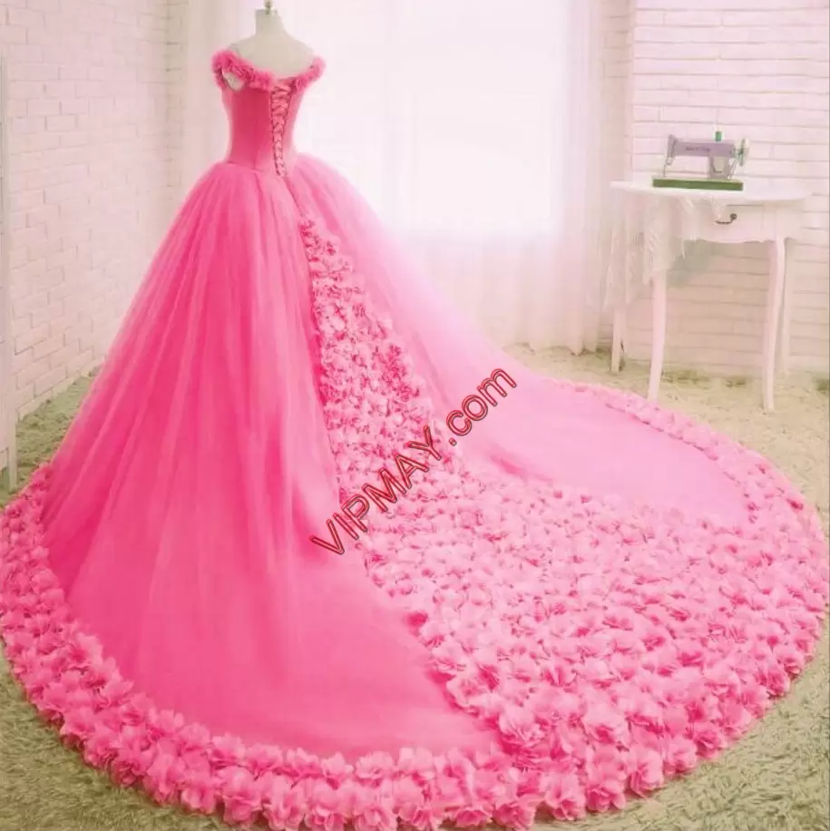 Fashionable Pink and Turquoise Lace Up 15th Birthday Dress Hand Made Flower Sleeveless With Train Court Train