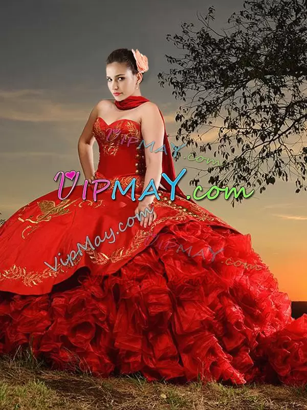 Red Sleeveless Organza and Taffeta Brush Train Charro Vestidos de Quinceanera for Sweet 16 Quinceanera