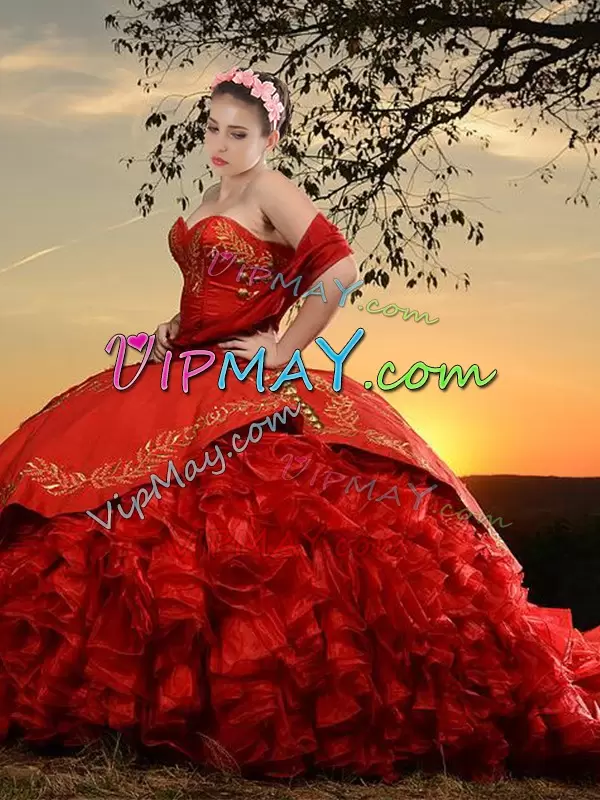 Red Sleeveless Organza and Taffeta Brush Train Charro Vestidos de Quinceanera for Sweet 16 Quinceanera