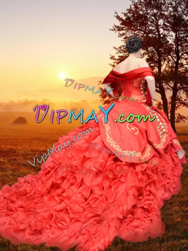 Red Sleeveless Organza and Taffeta Brush Train Charro Vestidos de Quinceanera for Sweet 16 Quinceanera