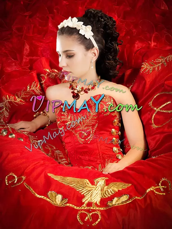 Red Sleeveless Organza and Taffeta Brush Train Charro Vestidos de Quinceanera for Sweet 16 Quinceanera