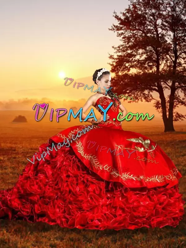 Red Sleeveless Organza and Taffeta Brush Train Charro Vestidos de Quinceanera for Sweet 16 Quinceanera