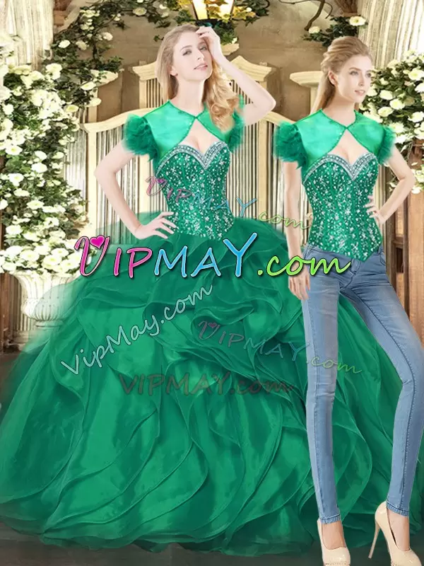 Discount Sweetheart Sleeveless 15th Birthday Dress Floor Length Beading and Ruffles Dark Green Tulle