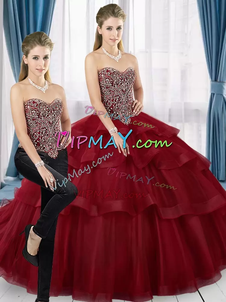 Sweetheart Sleeveless Tulle Sweet 16 Dresses Beading and Ruffled Layers Lace Up