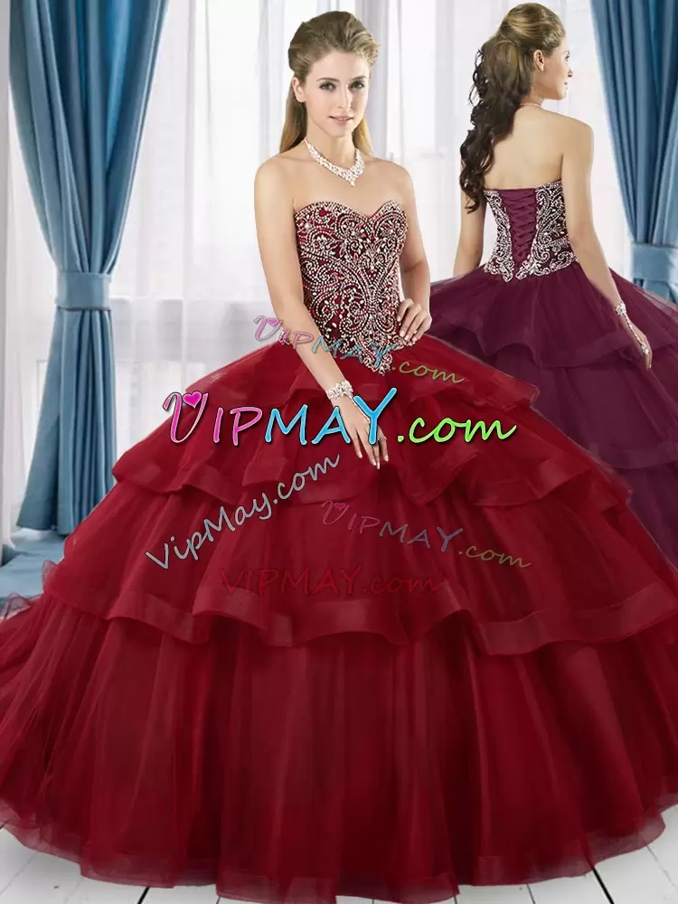 Sweetheart Sleeveless Tulle Sweet 16 Dresses Beading and Ruffled Layers Lace Up