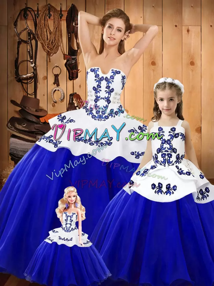 Blue Ball Gowns Embroidery Sweet 16 Dresses Lace Up Tulle Sleeveless Floor Length