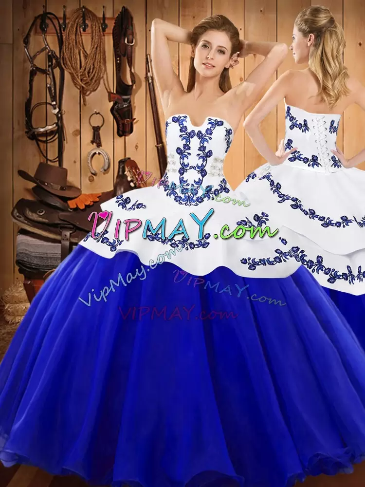 Blue Ball Gowns Embroidery Sweet 16 Dresses Lace Up Tulle Sleeveless Floor Length