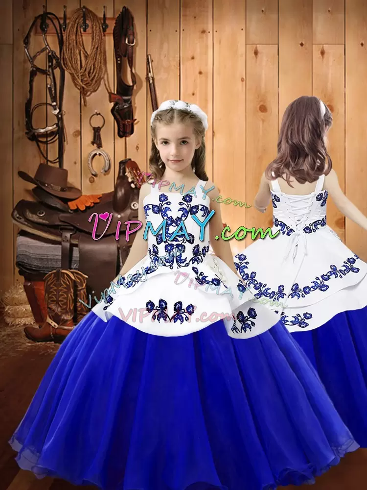 Blue Ball Gowns Embroidery Sweet 16 Dresses Lace Up Tulle Sleeveless Floor Length