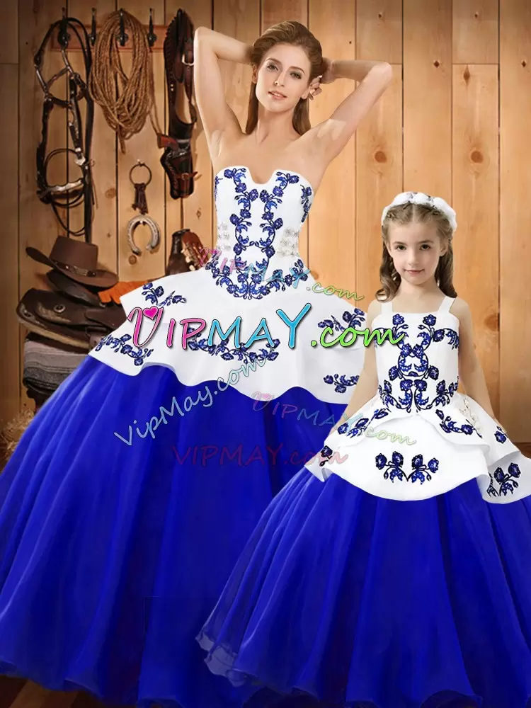 Blue Ball Gowns Embroidery Sweet 16 Dresses Lace Up Tulle Sleeveless Floor Length