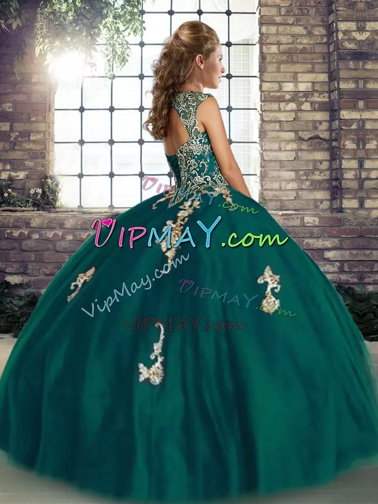 Flare Peacock Green Sleeveless Beading and Appliques Floor Length Vestidos de Quinceanera