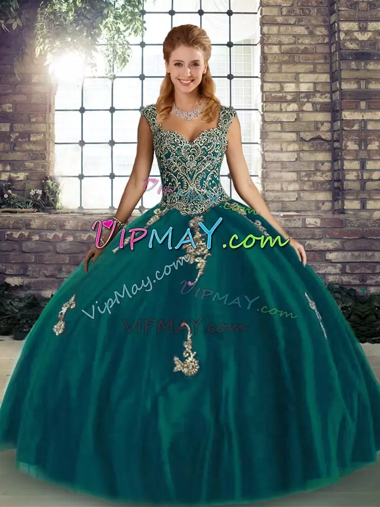 Flare Peacock Green Sleeveless Beading and Appliques Floor Length Vestidos de Quinceanera