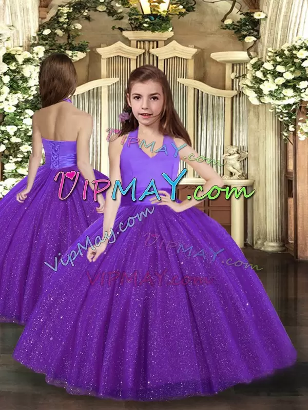 Fantastic Purple Lace Up Halter Top Ruching 15th Birthday Dress Tulle Sleeveless