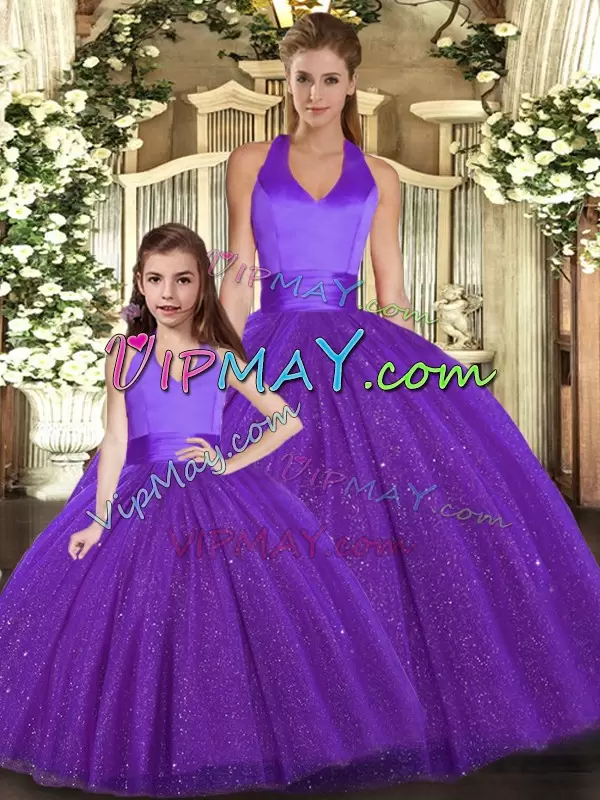 Fantastic Purple Lace Up Halter Top Ruching 15th Birthday Dress Tulle Sleeveless