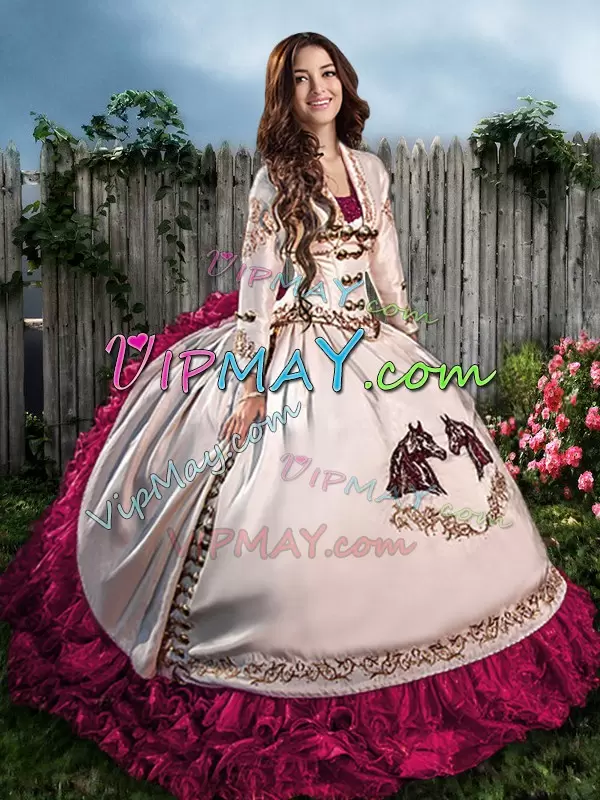 Charro White Hot Pink 15 Quinceanera Dress with Embroidered Horses and Ruffles with Long Sleeve Jacket