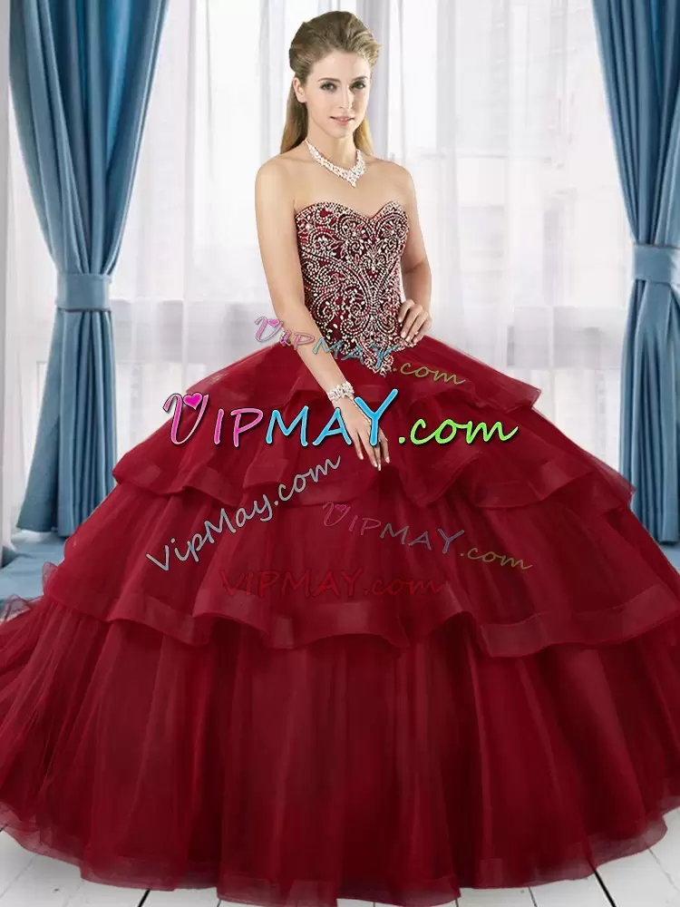 Top Selling Red Sleeveless Beading and Ruffled Layers Lace Up 15th Birthday Dress Sweetheart