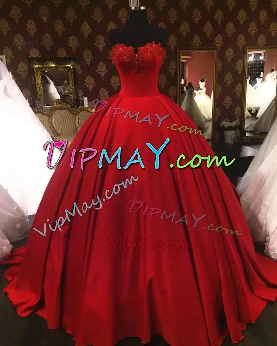 With Train Red Sweet 16 Dress Satin Sweep Train Sleeveless Beading and Appliques and Ruching