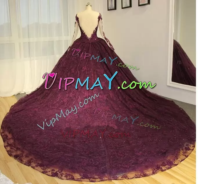 maroon quinceanera dress,long sleeve long burgundy dress,long sleeve lace quinceanera dress,vintage lace quinceanera dress,sheer neckline quinceanera dress,quinceanera dress long sleeves,low back quinceanera dress,quinceanera dress with long train,bridal gown with cathedral trains,