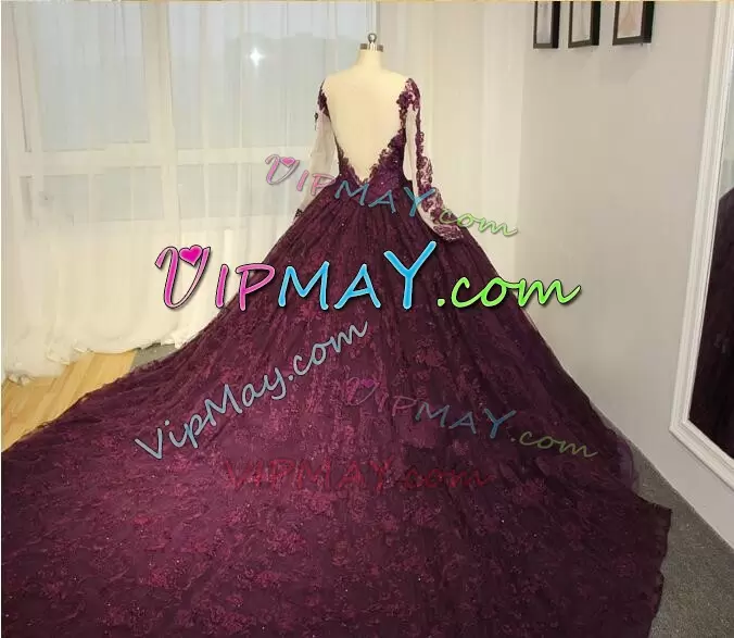 maroon quinceanera dress,long sleeve long burgundy dress,long sleeve lace quinceanera dress,vintage lace quinceanera dress,sheer neckline quinceanera dress,quinceanera dress long sleeves,low back quinceanera dress,quinceanera dress with long train,bridal gown with cathedral trains,