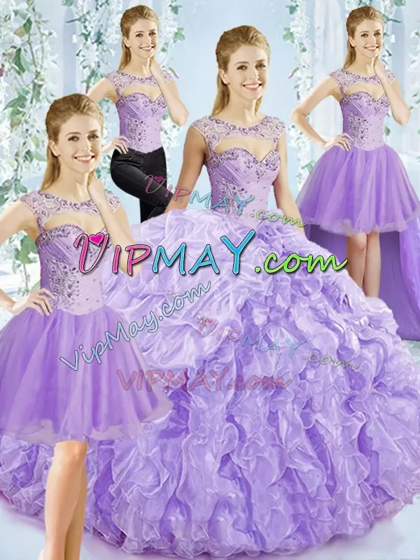 Lavender Organza Lace Up Sweetheart Sleeveless Sweet 16 Quinceanera Dress Brush Train Beading and Ruffled Layers