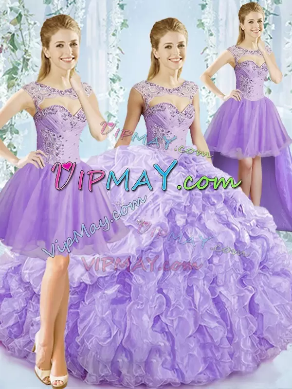 Lavender Organza Lace Up Sweetheart Sleeveless Sweet 16 Quinceanera Dress Brush Train Beading and Ruffled Layers