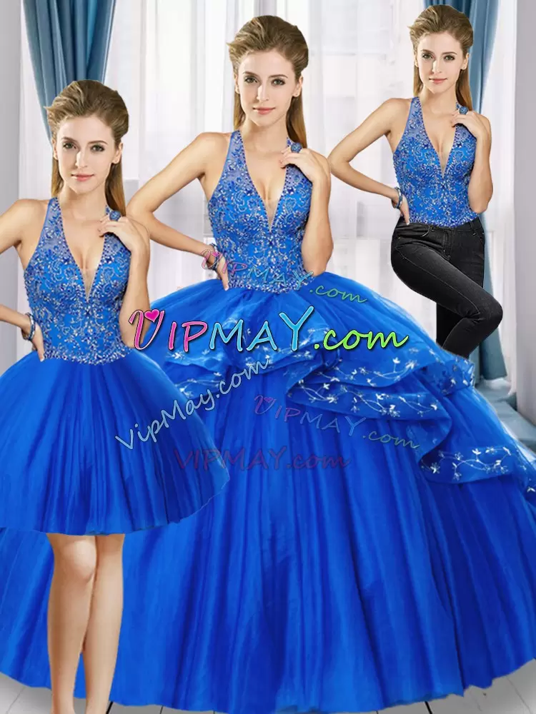 Superior Tulle V-neck Sleeveless Lace Up Beading Sweet 16 Quinceanera Dress in Royal Blue