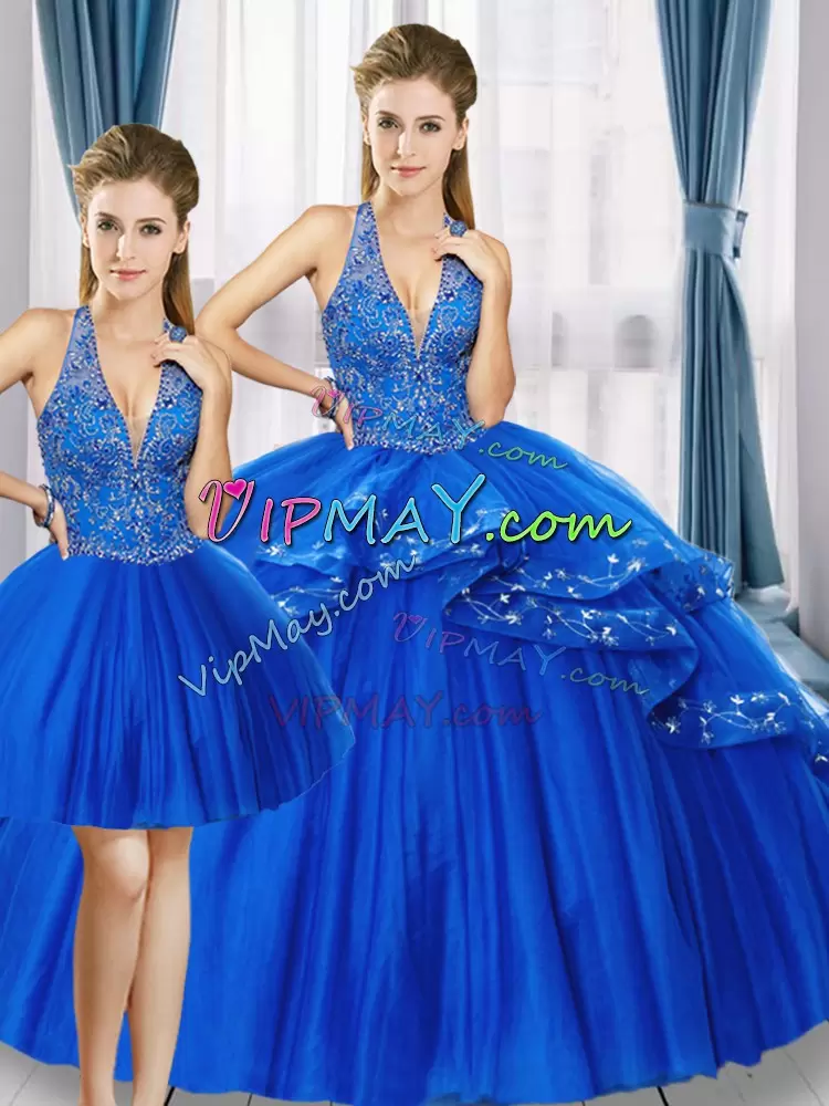 Superior Tulle V-neck Sleeveless Lace Up Beading Sweet 16 Quinceanera Dress in Royal Blue