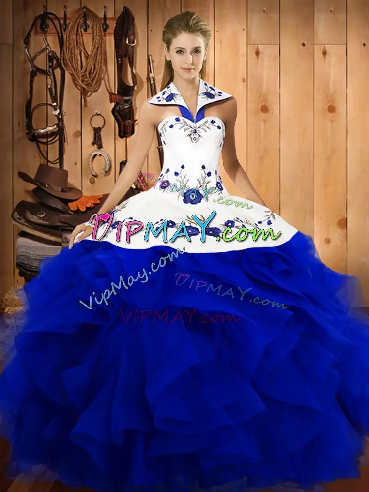 Custom Fit Royal Blue Lace Up Halter Top Embroidery and Ruffles Quinceanera Dress Tulle Sleeveless