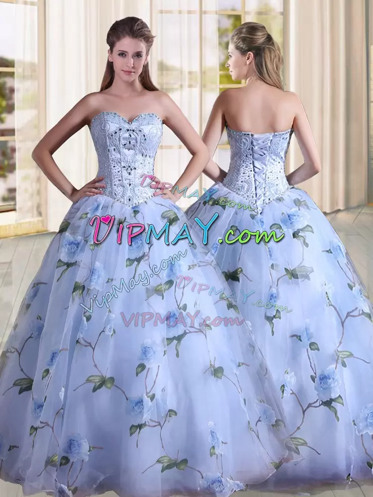 High Class Floral Printed Sky Blue Sweetheart Beaded Vestidos de Quinceanera with Beaded Bodice