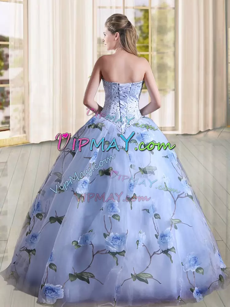 High Class Floral Printed Sky Blue Sweetheart Beaded Vestidos de Quinceanera with Beaded Bodice