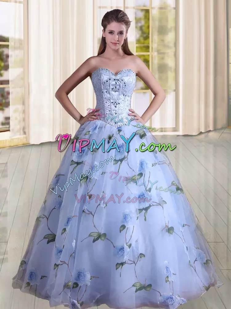 High Class Floral Printed Sky Blue Sweetheart Beaded Vestidos de Quinceanera with Beaded Bodice