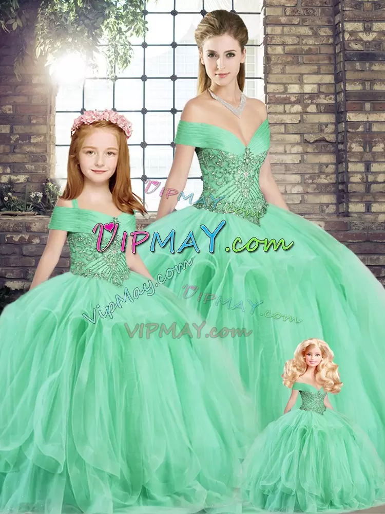 Floor Length Apple Green Ball Gown Prom Dress Tulle Sleeveless Beading and Ruffles