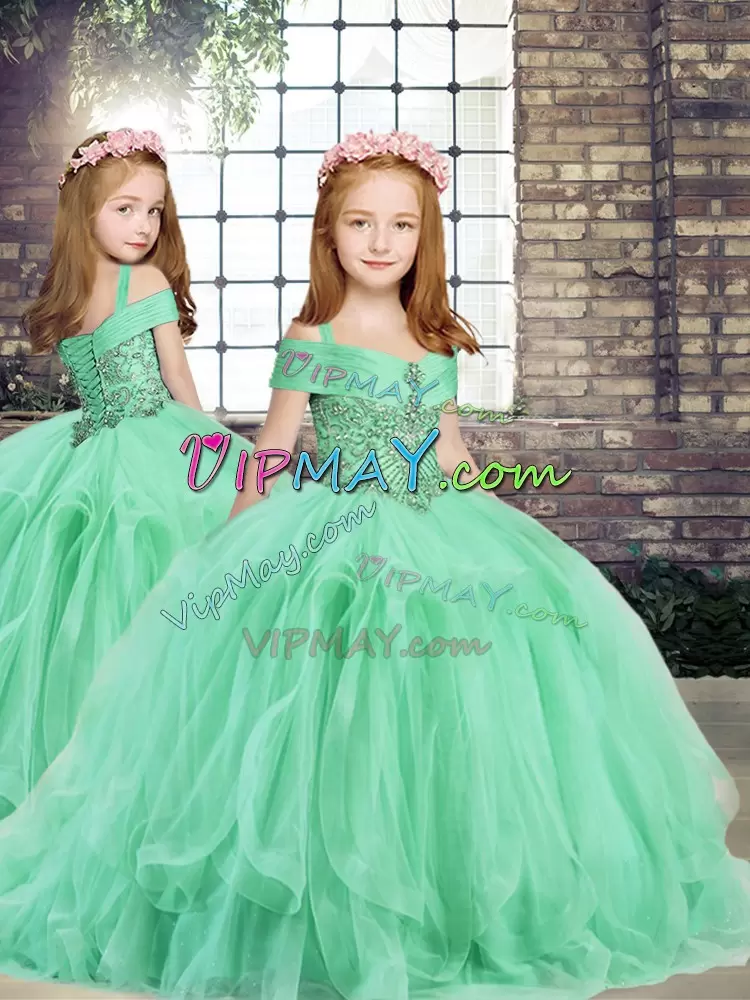 Floor Length Apple Green Ball Gown Prom Dress Tulle Sleeveless Beading and Ruffles