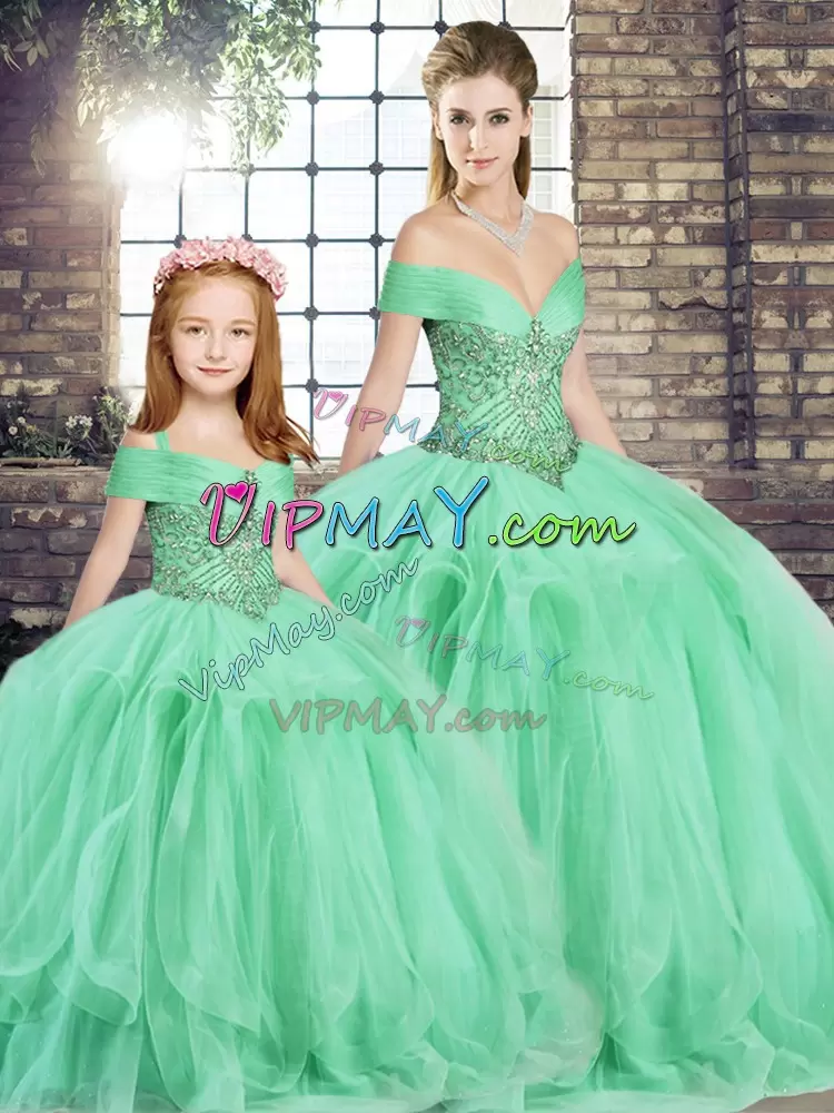 Floor Length Apple Green Ball Gown Prom Dress Tulle Sleeveless Beading and Ruffles