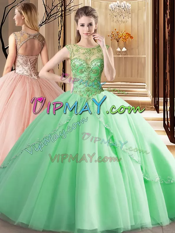 Apple Green Tulle Lace Up Quince Ball Gowns Sleeveless Brush Train Beading