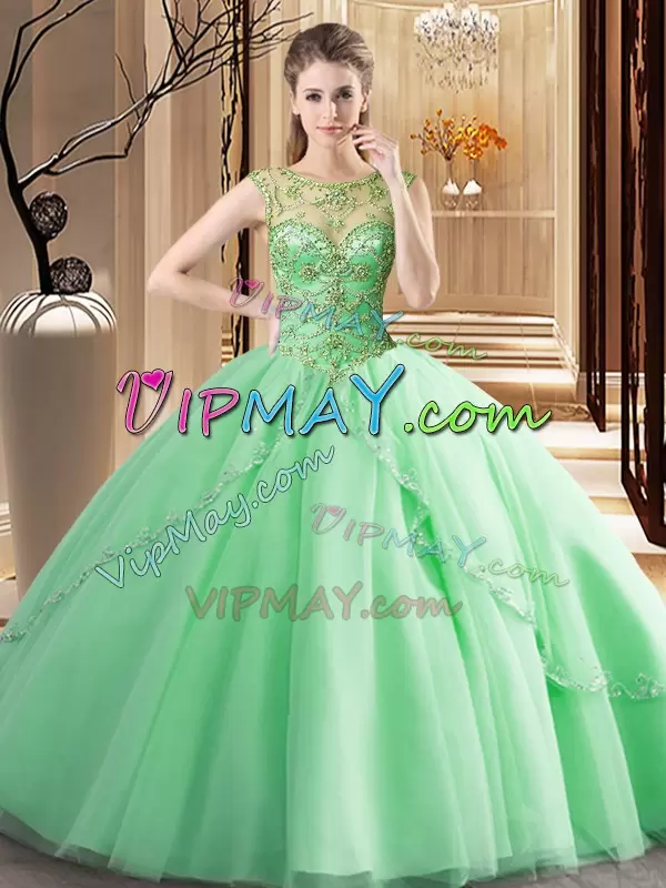 Apple Green Tulle Lace Up Quince Ball Gowns Sleeveless Brush Train Beading