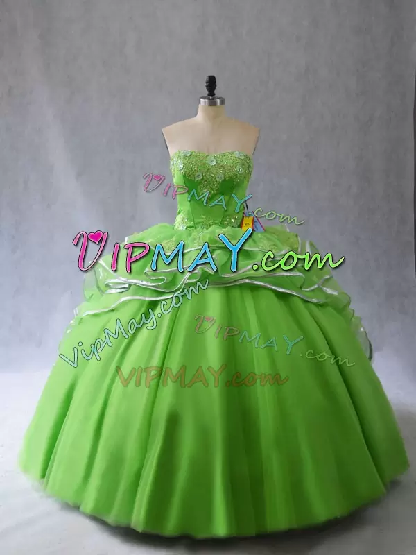 Beauteous Sleeveless Tulle Brush Train Lace Up Quinceanera Gowns in with Appliques and Ruffles