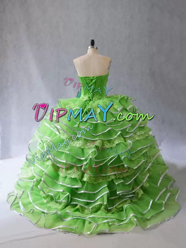 Beauteous Sleeveless Tulle Brush Train Lace Up Quinceanera Gowns in with Appliques and Ruffles