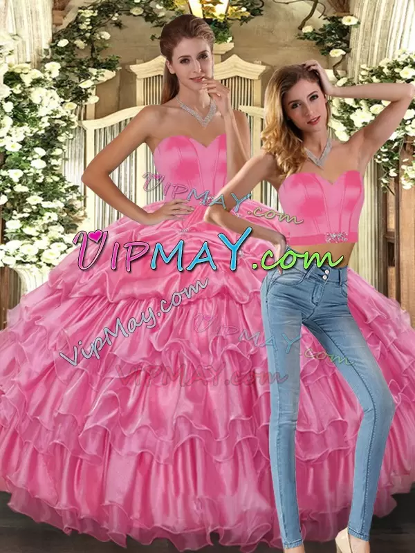 Pink Sweetheart Neckline Beading and Ruffles and Pick Ups Sweet 16 Dress Sleeveless Lace Up