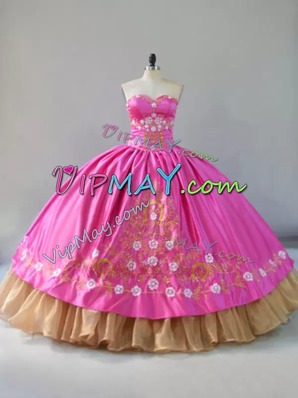 Hot Selling Rose Pink Sweetheart Lace Up Embroidery Ball Gown Prom Dress Sleeveless