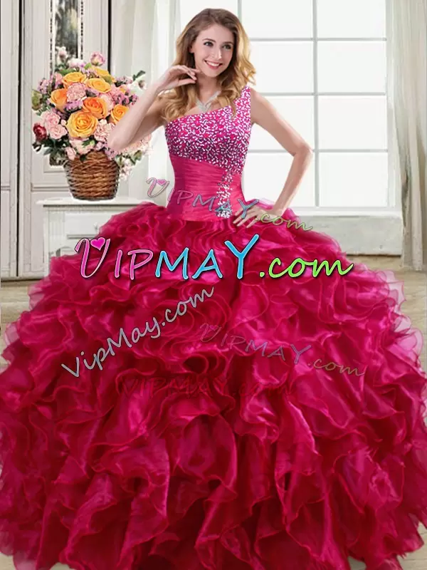 Luxurious Sleeveless One Shoulder Beading and Ruffles Lace Up Sweet 16 Dresses
