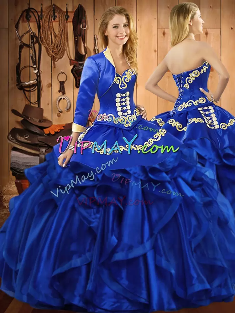 Royal Blue Organza Lace Up Sweetheart Sleeveless Floor Length Sweet 16 Dress Embroidery and Ruffles