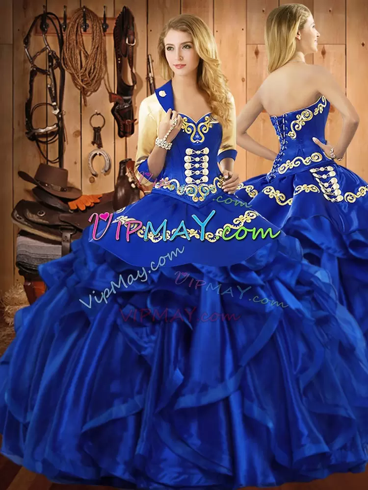 Royal Blue Organza Lace Up Sweetheart Sleeveless Floor Length Sweet 16 Dress Embroidery and Ruffles