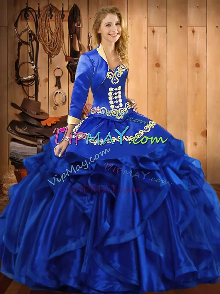 Royal Blue Organza Lace Up Sweetheart Sleeveless Floor Length Sweet 16 Dress Embroidery and Ruffles